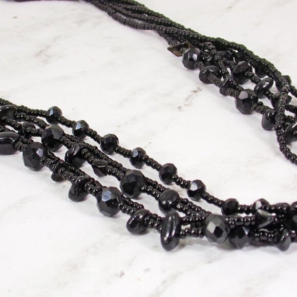 Black glass and shell bead multi strand necklace created with five bead strands - Picture 4 of 9